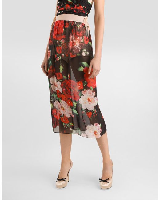 Dolce & Gabbana Red Rose- Chiffon Calf-Length Skirt