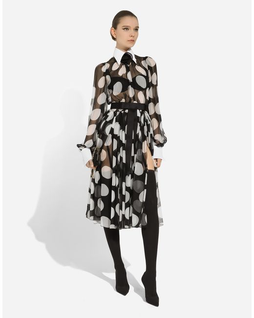 Dolce & Gabbana Black Polka Dot Long Sleeve Belted Chiffon Midi Dress
