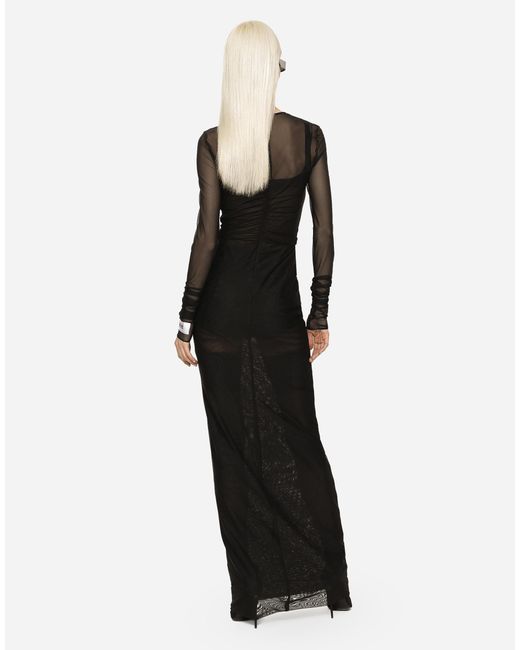Dolce & Gabbana Black Long Tulle Dress With Rhinestone Cross Embellishment