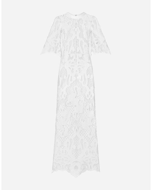Dolce & Gabbana White Long Dress With Openwork Embroidery