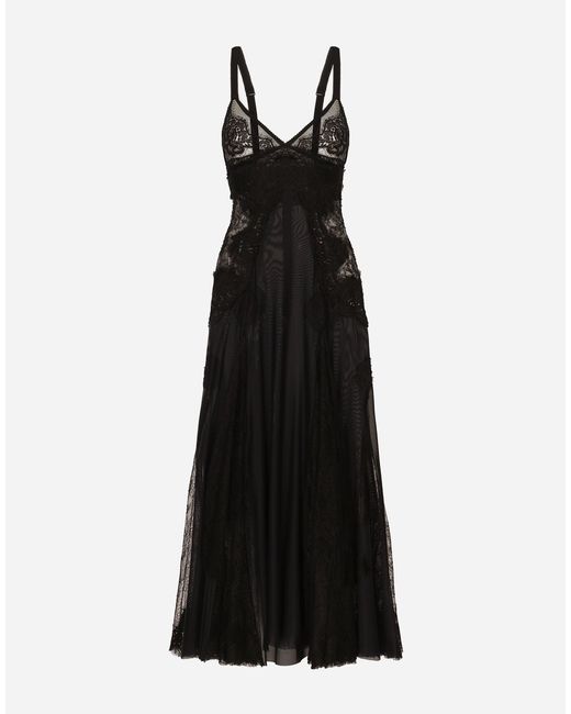 Dolce & Gabbana Black Lace-insert Flared Midi Dress