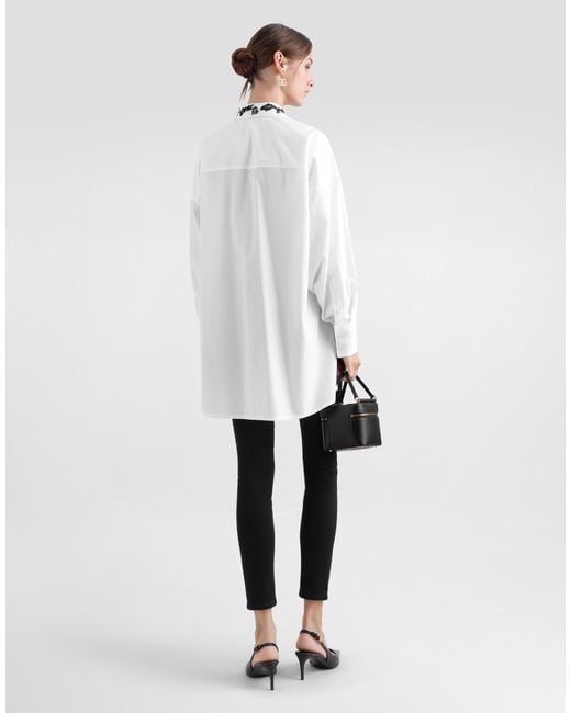 Dolce & Gabbana White Oversize Cotton Poplin Shirt With Lace Appliqués
