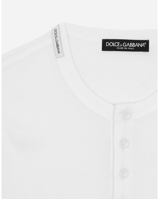 Dolce & Gabbana White Ribbed Cotton Granddad-Neck Sweater for men