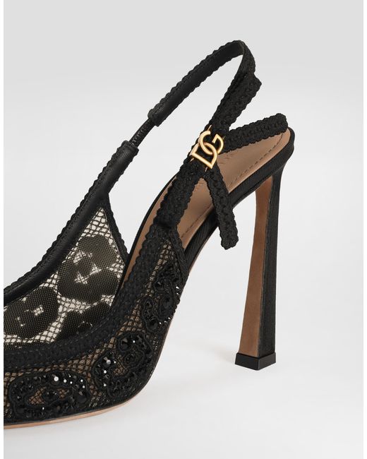 Dolce & Gabbana White Leopard-Design Lace Slingbacks With Fusible Rhinestones