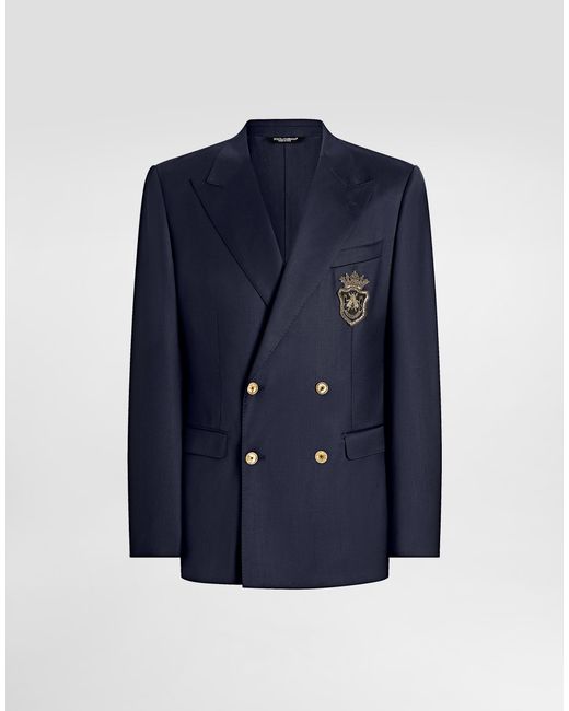 Dolce & Gabbana Blue Double-Breasted Wool Jacket With Patch for men