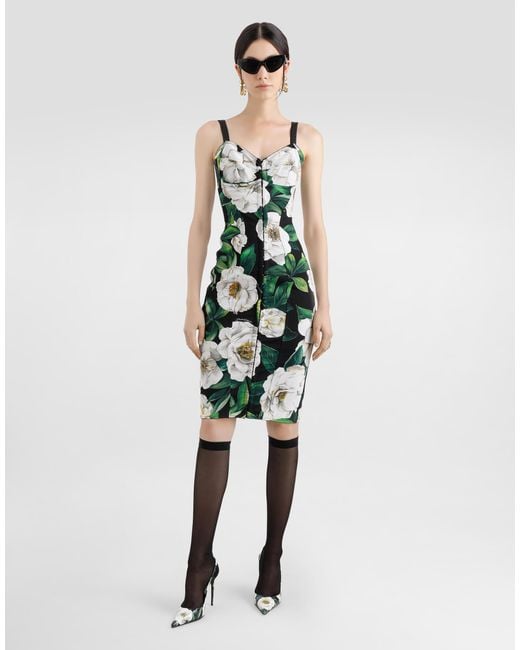 Dolce & Gabbana White Stretch Marquisette Midi Dress With Gardenia