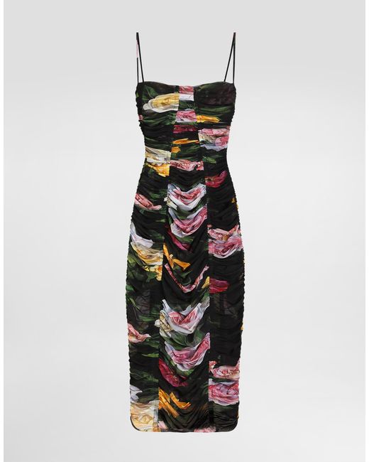 Dolce & Gabbana White Tulle Calf-Length Slip Dress With Draping And Peony And Rose