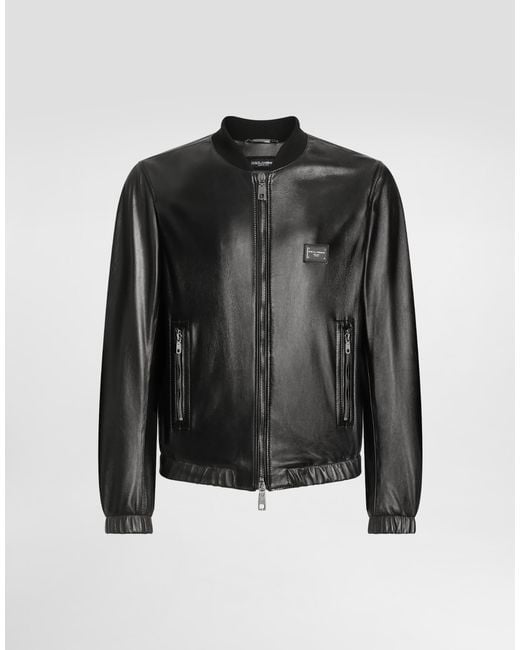 Dolce & Gabbana Black Lamb Leather Jacket With Front Metal Logo Plaque for men