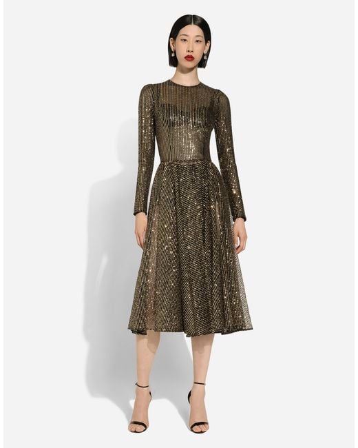 Dolce & Gabbana Natural Long-Sleeved Sequined Midi Dress