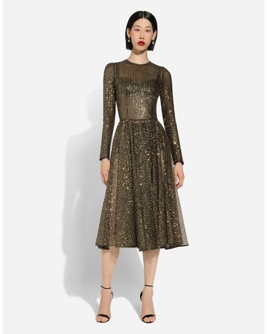Dolce & Gabbana Natural Pailletten-Midikleid Mit Langem Arm