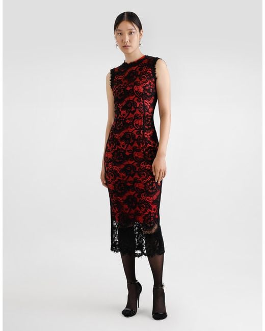 Dolce & Gabbana Red Calf-Length Floral Lace Sheath Dress With Contrasting Lining