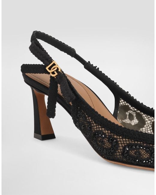 Dolce & Gabbana White Leopard-Design Lace Slingbacks With Fusible Rhinestones
