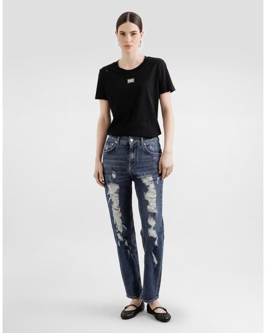Dolce & Gabbana Black Jersey T-Shirt With Rips And Tag