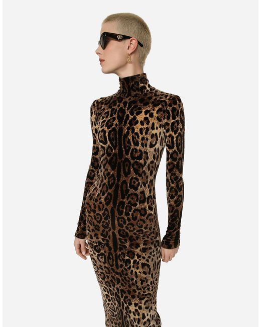 Dolce & Gabbana Multicolor Long Chenille Dress With Jacquard Leopard Design