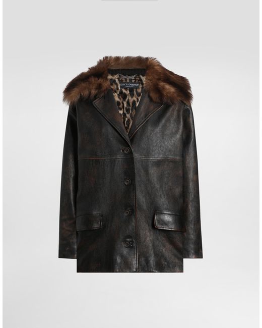 Dolce & Gabbana Black Leather Jacket With Fur Collar