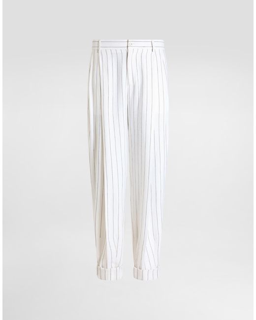 Dolce & Gabbana White Pinstripe Linen-Blend Pants With Double Darts for men