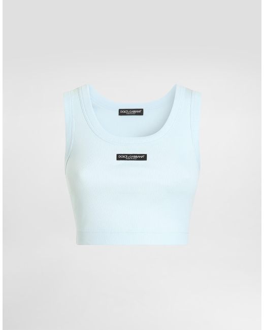 Dolce & Gabbana Blue Cotton Cropped Tank Top With Logo