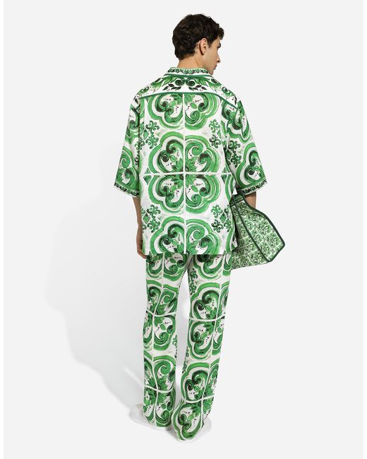 Pantalón Estilo Jogger De Lino Con Estampado Maiolica Dolce & Gabbana de hombre de color Green