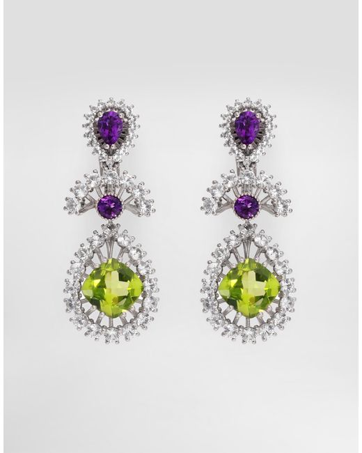 Dolce & Gabbana White Eleganza Earrings 18-Carat, Amethysts, Peridots, And Sapphires