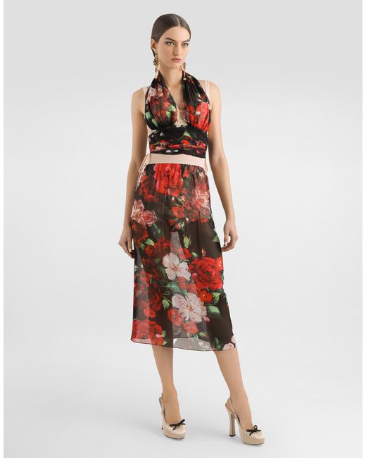Dolce & Gabbana Red Rose- Chiffon Calf-Length Skirt