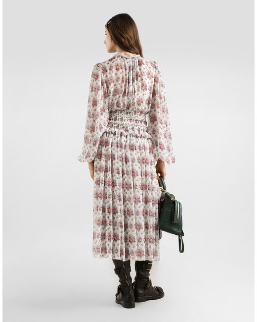 Dolce & Gabbana White Small Flower Bouquets-Print Long Chiffon Dress