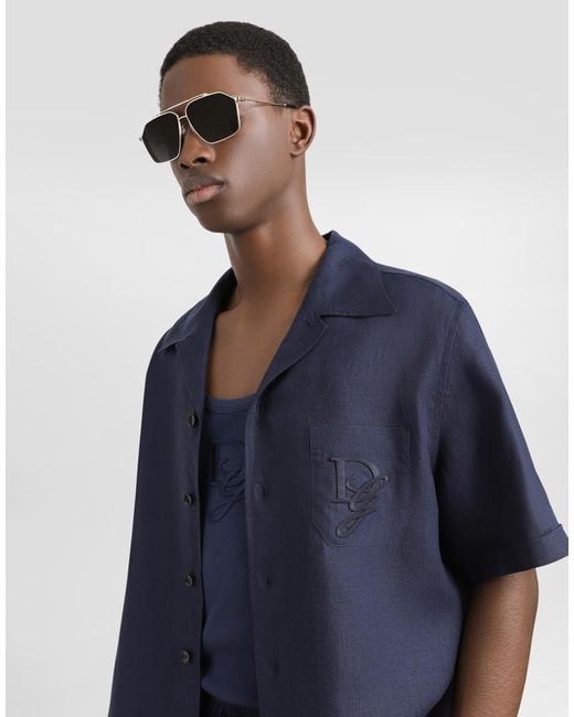 メンズ Dolce & Gabbana ロゴエンブロイダリー リネン シャツ Blue