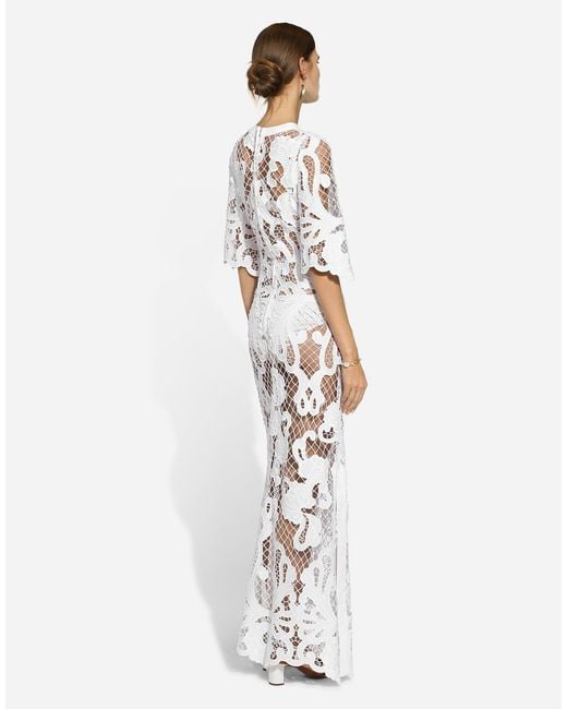 Dolce & Gabbana White Long Dress With Openwork Embroidery