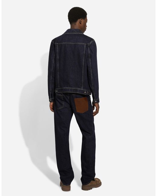 Dolce & Gabbana Blue Denim Jacket With Embossed Tag On Leather for men