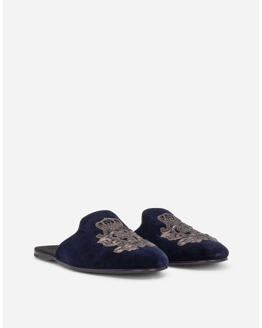 Dolce & Gabbana Blue Embroidered Velvet Slippers for men