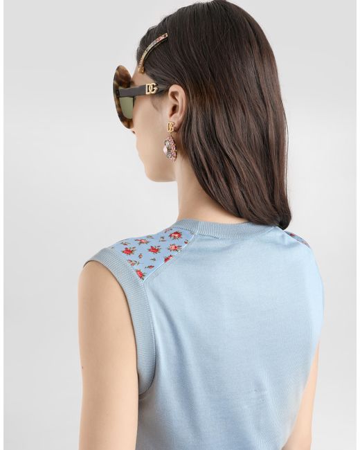 Dolce & Gabbana Blue Small Rose-Print Silk Tank Top