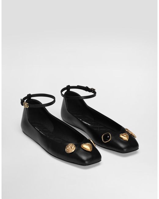 Dolce & Gabbana Black Leather Ballet Flats With Embroidery