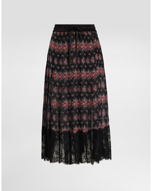 Dolce & Gabbana Black Small Flower Bouquets-Print Pleated Chiffon Skirt