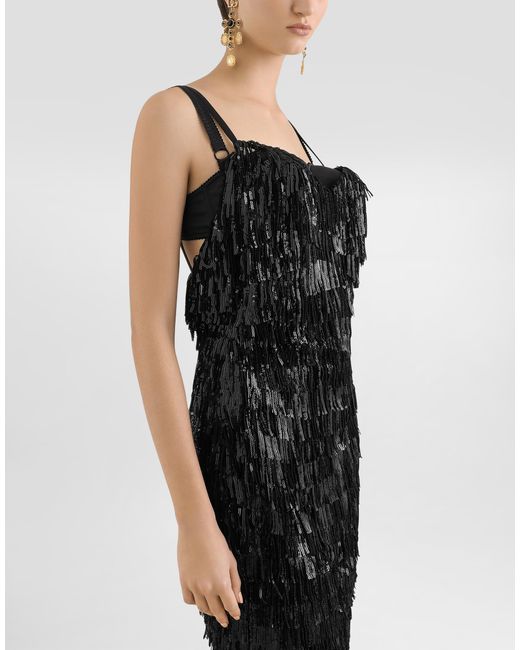 Dolce & Gabbana Black Calf-Length Slip Dress With Sequined Fringing