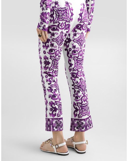 Dolce & Gabbana Majolica Print Silk Trousers Purple