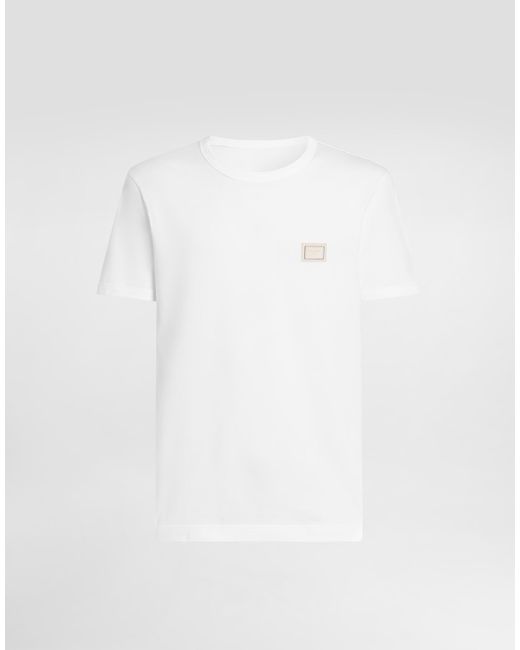 Dolce & Gabbana White Cotton T-Shirt With Logo Plate for men