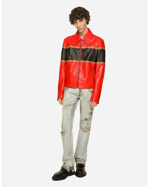 メンズ Dolce & Gabbana レザージャケット コントラストインサート Red