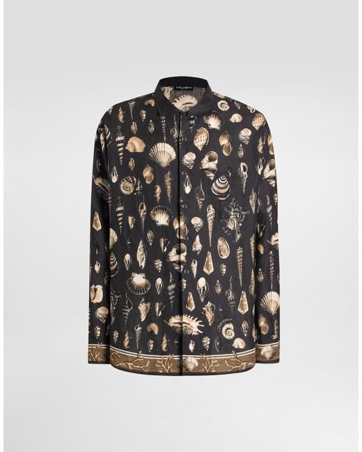 Dolce & Gabbana Black Shell-Print Oversized Linen Canvas Shirt for men