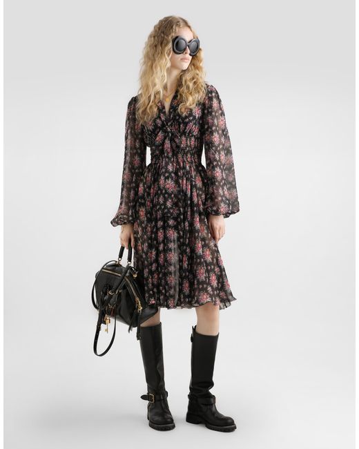 Dolce & Gabbana White Small Flower Bouquets-Print Chiffon Dress