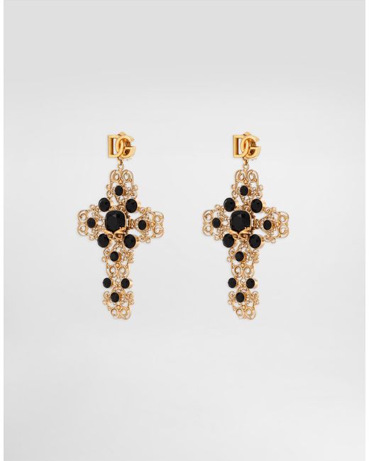 Dolce & Gabbana White Drop Earrings With Filigree Cross And Dg Logo