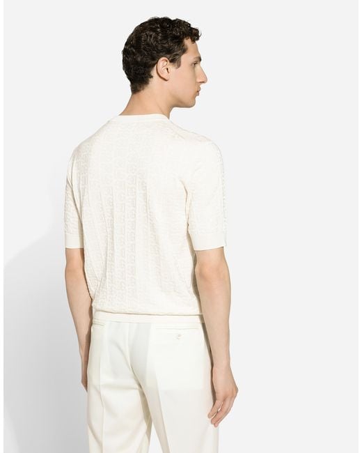 Dolce & Gabbana Rundhalspullover Aus Seidenjacquard Dg-Logo in Natural für Herren