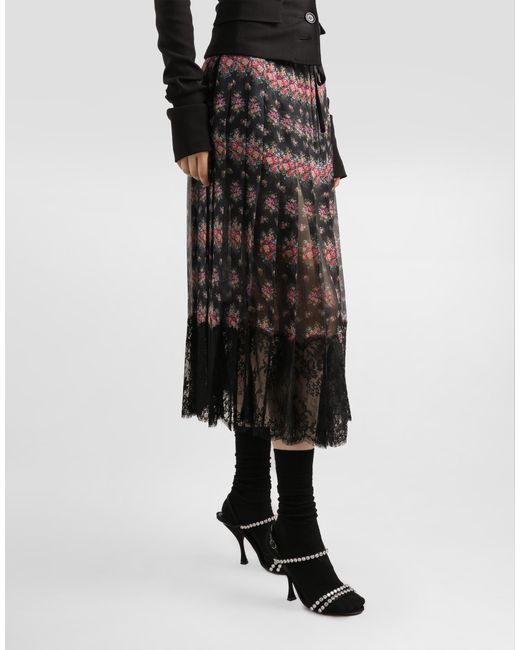 Dolce & Gabbana Black Small Flower Bouquets-Print Pleated Chiffon Skirt