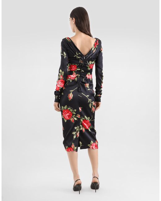 Dolce & Gabbana White Drapiertes Kleid Aus Satin Mit Blumenbouquet-Print