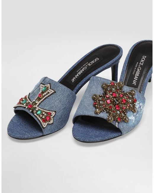 Dolce & Gabbana Denim Sandals With Patches And Embroidery Blue