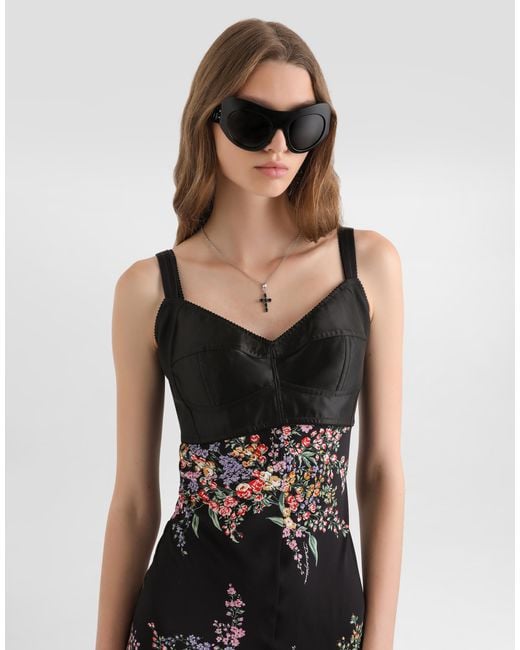 Dolce & Gabbana White Flower Bouquets-Print Long Charmeuse Dress