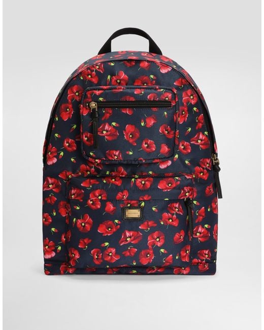 Dolce & Gabbana Red Poppy-Print Nylon Backpack