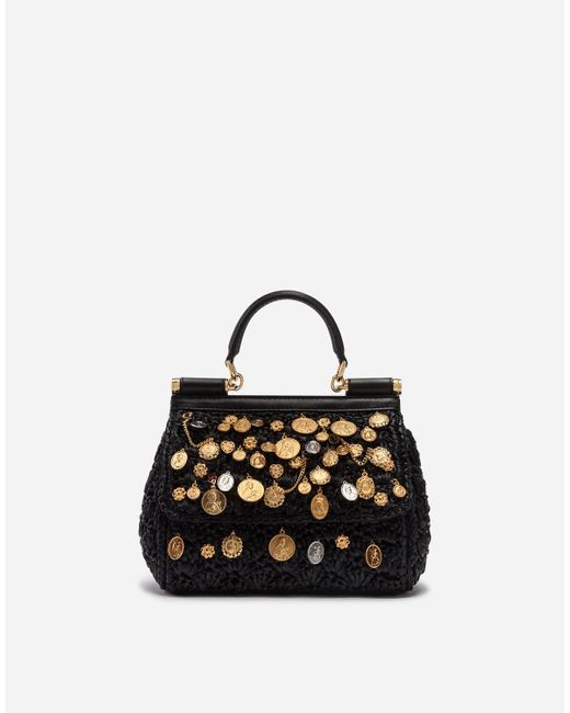Dolce & Gabbana Black Small Sicily Bag In Raffia Crochet With Applications
