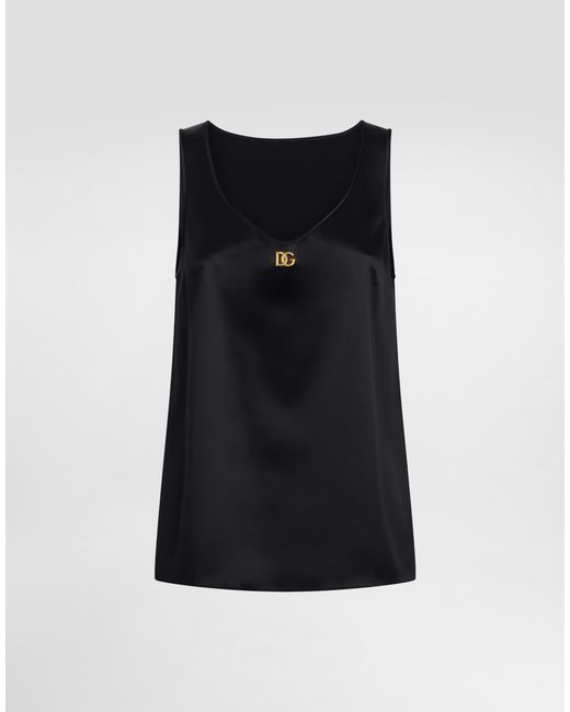 Dolce & Gabbana Black Satin Tank Top With Dg Logo Pin