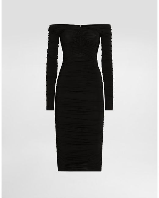 Dolce & Gabbana Black Organzine Draped Calf-Length Dress