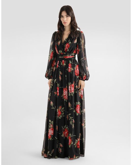 Dolce & Gabbana Black Rose Bouquet-Print Long Chiffon Dress