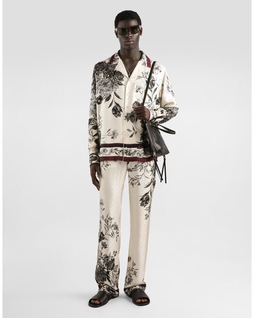 Dolce & Gabbana White Flower Bouquet-Print Twill Shirt for men